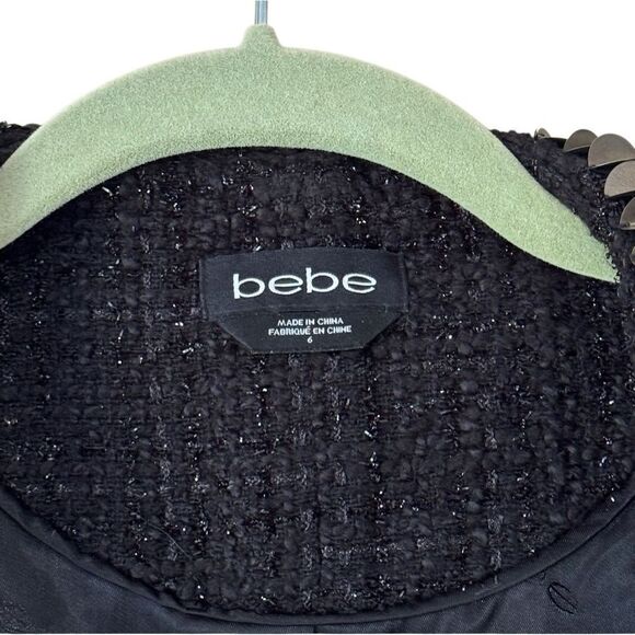 Bebe Women's Beaded Black & Gold Fitted Tweed Zip Up Blazer Size 6 - Picture 4 of 9